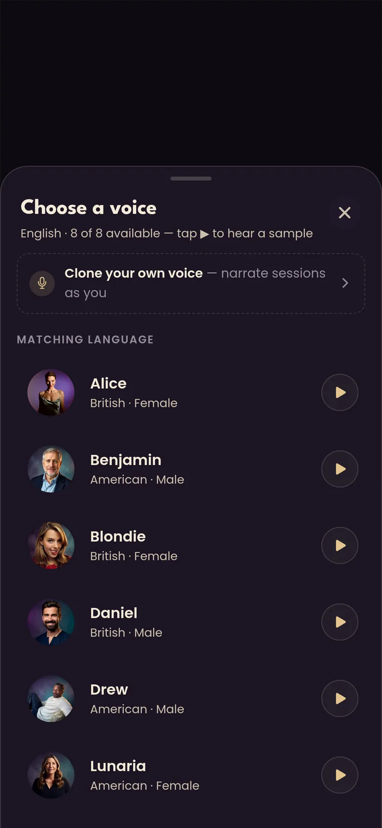 Choose a voice sheet listing narrators such as Alice, Benjamin, Blondie and Daniel with accent and a play button to hear each sample, plus an option to clone your own voice