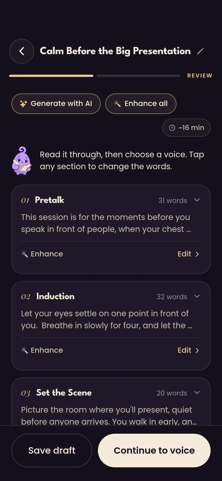 Script review screen for a session called Calm Before the Big Presentation, with sections for Pretalk, Induction and Set the Scene, each with Enhance and Edit options, and a Continue to voice button