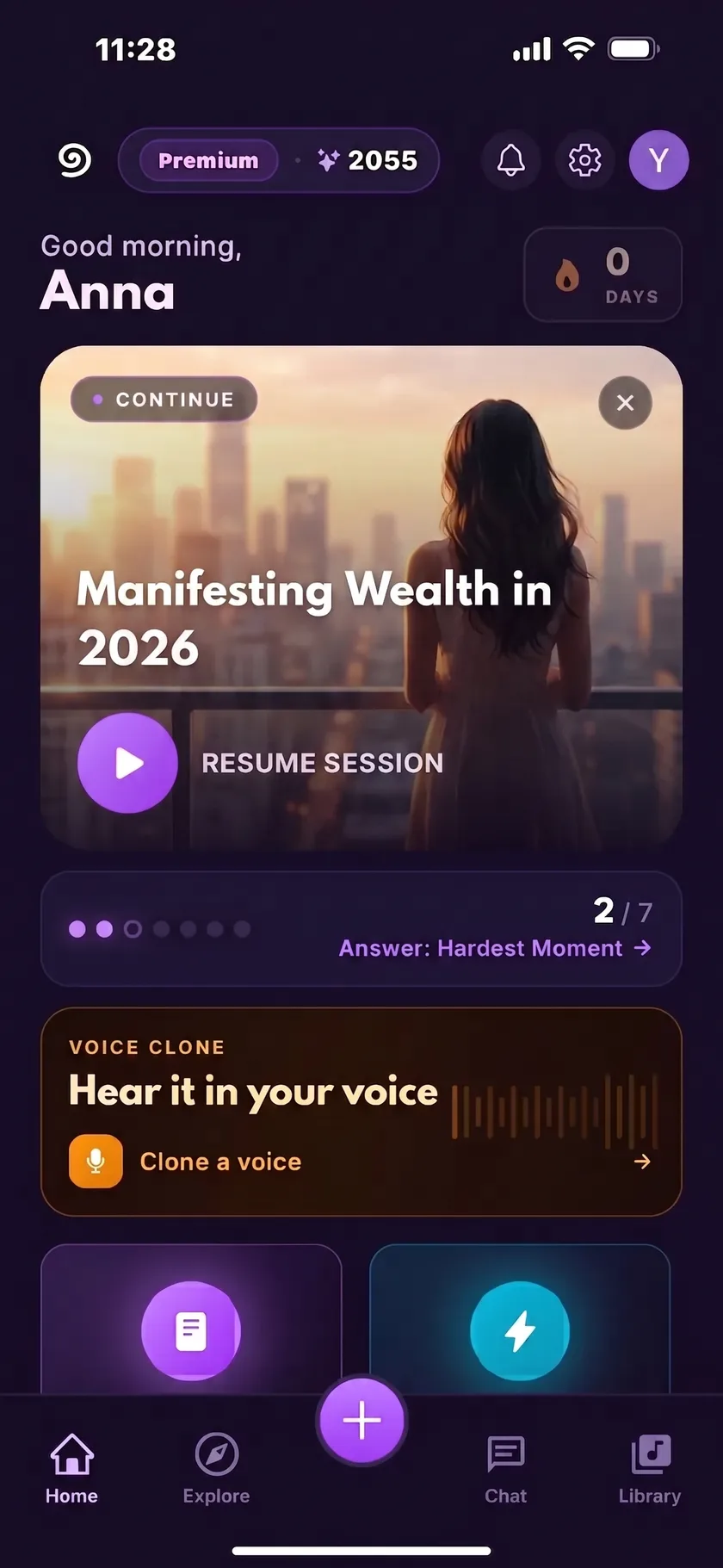 Hypnothera app home screen with a Manifesting Wealth in 2026 session