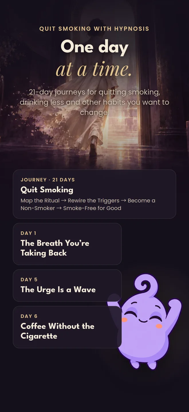 The Quit Smoking journey in Hypnothera: 21 days in four phases, Map the Ritual, Rewire the Triggers, Become a Non-Smoker and Smoke-Free for Good, with day cards such as Day 1 The Breath You're Taking Back and Day 6 Coffee Without the Cigarette